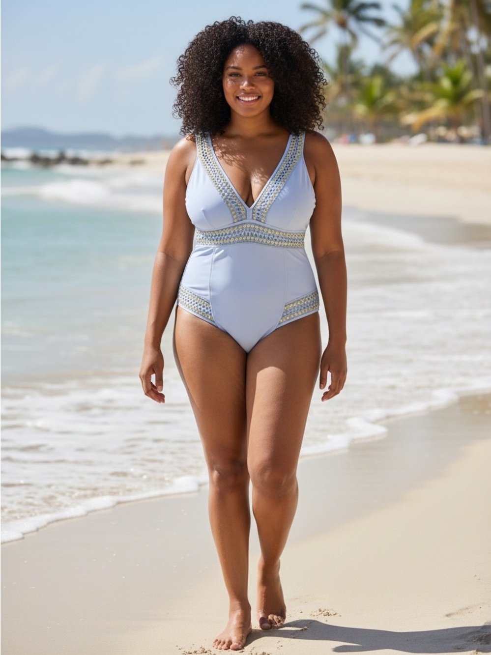 River Island 18 Blue Gold Crochet V Neck One Piece Bathing Suit